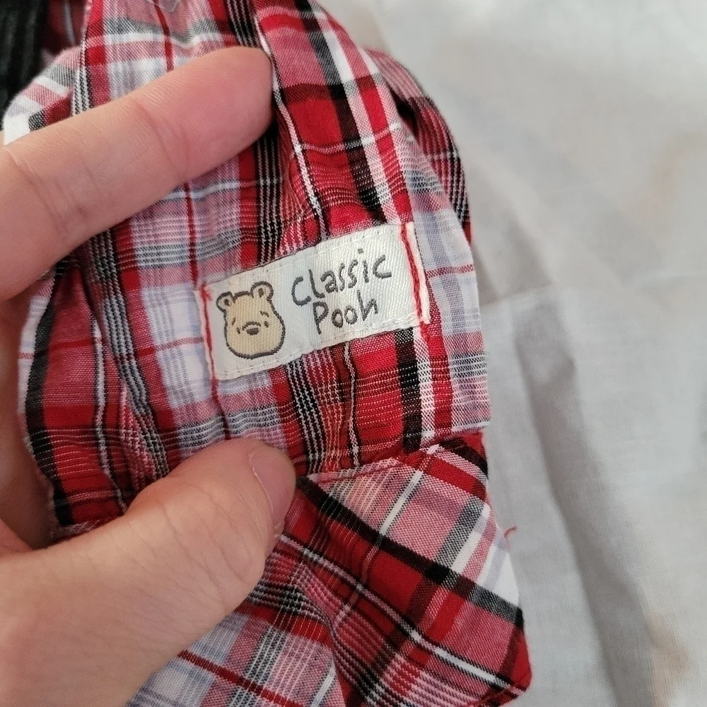 Disney Winnie the Pooh vtg 2pc train black corduroy, red plaid, overall set 3m